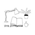 The book is open, a table lamp, glasses, tea, a flower in a pot. reading concept. sketch hand drawn doodle style. vector,