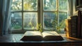 A book is open on a table with a window behind it. Royalty Free Stock Photo