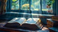 A book is open on a table with a window behind it. Royalty Free Stock Photo