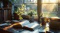 A book is open on a table with a window behind it. Royalty Free Stock Photo