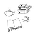 book is open, tea, teapot, cup, stack of books. reading concept. sketch hand drawn doodle style. , minimalism