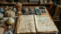 A book open to reveal handwritten notes and a world map on a table with assorted objects