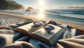 A book and a pair of sunglasses are on a blanket on a beach Royalty Free Stock Photo