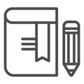 Book with pencil line icon. Bookmark vector illustration isolated on white. Knowledge outline style design, designed for Royalty Free Stock Photo