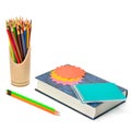 Book, pencils, notebook and stickers isolated on white Royalty Free Stock Photo