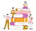 Book pile, reading literature lovers. People read books, entertaining and educational book fair flat vector illustration. Royalty Free Stock Photo