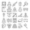 Book, poison, dagger, banner, hammer, decapitate, castle icons set. Vector minimalistic illustrations pack