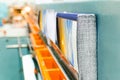 Book production perfect bound line in offset print plant close up Royalty Free Stock Photo