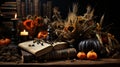 A book and pumpkins with sunflowers and a candle