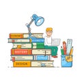 Book readers club, self education concept. Boy sitting on a stack of big books.Flat vector illustration