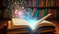 Book reading for study new skills development of imagination, magic opened book with sparkles Royalty Free Stock Photo