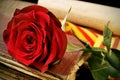Book, red rose and the catalan flag for Sant Jordi, Saint George Royalty Free Stock Photo