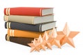 Book review concept. Book with five golden stars. 3D rendering