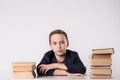 Book, school, kid. Little student holding books. funny crazy boy with books.