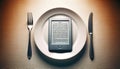 book served on an empty plate, flanked by a fork and knife, presenting reading as essential sustenance for the intellect