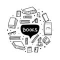 Book set in doodle style. Round vector badge