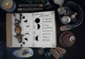 Book of Shadows with lunar phases on black altar. Royalty Free Stock Photo