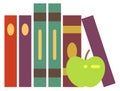 Book shelf with green apple. Education flat icon