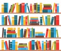 Book shelves with multicolored book spines. Books on a shelf. Vector illustration in flat style Royalty Free Stock Photo