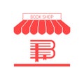 Book Shop, Antiquarian Rare Books Store Single Flat Vector Icon. Striped Awning and Signboard