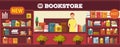 Book shop interior vector illustration. Various books on shelves and cashier desk indoors. Bookstore with girl seller no