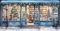 Book shop window with Christmas decoration. Watercolor illustration in retro style Royalty Free Stock Photo