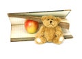 Book, small bear and apple isolated on white
