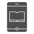 Book on smartphone solid icon. Electronic book vector illustration isolated on white. Ebook on mobile glyph style design