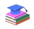 Book stack and bachelor cap, hat. Education and graduation, study for master degree, learning, knowledge concept