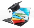 Book stack and graduation cap on laptop computer isolated on white background. 3D illustration Royalty Free Stock Photo