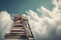 Book stack with ladder on sky with clouds background. Ladder going on top of huge stack of books. Generative AI. Royalty Free Stock Photo