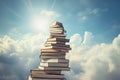 Book stack with ladder on sky with clouds background. Ladder going on top of huge stack of books. Education and growth concept. Royalty Free Stock Photo