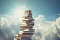 Book stack with ladder on sky with clouds background. Ladder going on top of huge stack of books. Education and growth concept. Royalty Free Stock Photo