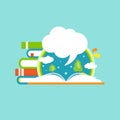 Book stack with open book, rainbow and white speech bubble. Isolated on powder blue background Royalty Free Stock Photo