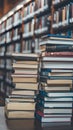 Book stack on table, blurred shelves suggest cozy study with soft light Royalty Free Stock Photo