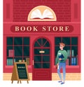 Book store facade, vintage city building architecture of bookstore and boy student Royalty Free Stock Photo