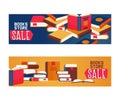 Book store sale set of banners, posters vector illustration. Pile of books, open and closed. Knowledge, learning and