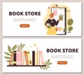 Book store vector flyers set, bookshelf and saleswoman presents books in shop, cartoon library, bookshop advertising Royalty Free Stock Photo