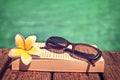 Book and sunglasses, blue water background Royalty Free Stock Photo