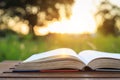 Book on table in sunset time