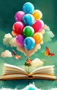 The book teaches you to dream. An open book from which a house grows and colorful balloons fly out