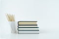 Book or textbook stack with pencil with copy space. Businessperson working or student reading and writingI. Idea of success in bus Royalty Free Stock Photo