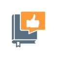 Book with thumb up in speech bubble colored icon. Best book, customer review, diary symbol