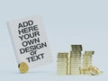 Book to add designs surrounded by golden coins - 3d rendering Royalty Free Stock Photo