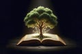 Book or tree of knowledge concept with an oak tree growing from an old open book. ai generative Royalty Free Stock Photo