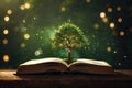 Book or tree of knowledge concept with an oak tree growing from an old open book. Royalty Free Stock Photo