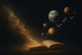 A book from which planets and birds fly into space. Royalty Free Stock Photo
