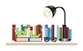 Book worm on a book shelf with books reading glasses and reading lamp Royalty Free Stock Photo