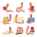 Book worm. Cartoon character in glasses with piles of textbooks. Cute earthworm education mascot with funny face. Isolated