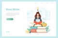 Book writer concept. Woman sitting with laptop